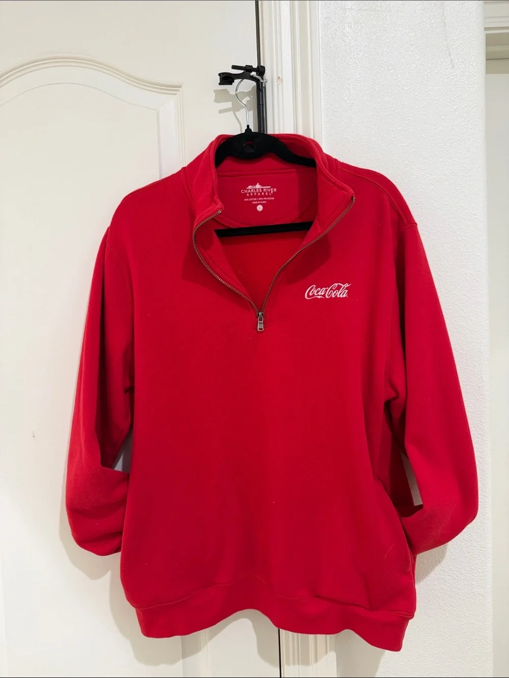 Red quarter zip Coca Cola embroidered sweater with pockets